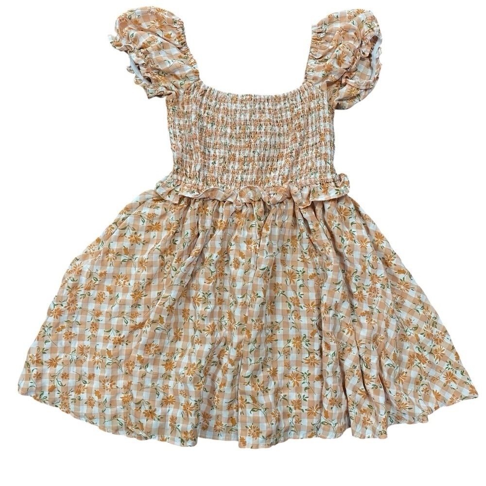 Smak Parlour Orange White Gingham Floral Smocked Mini Dress Size M